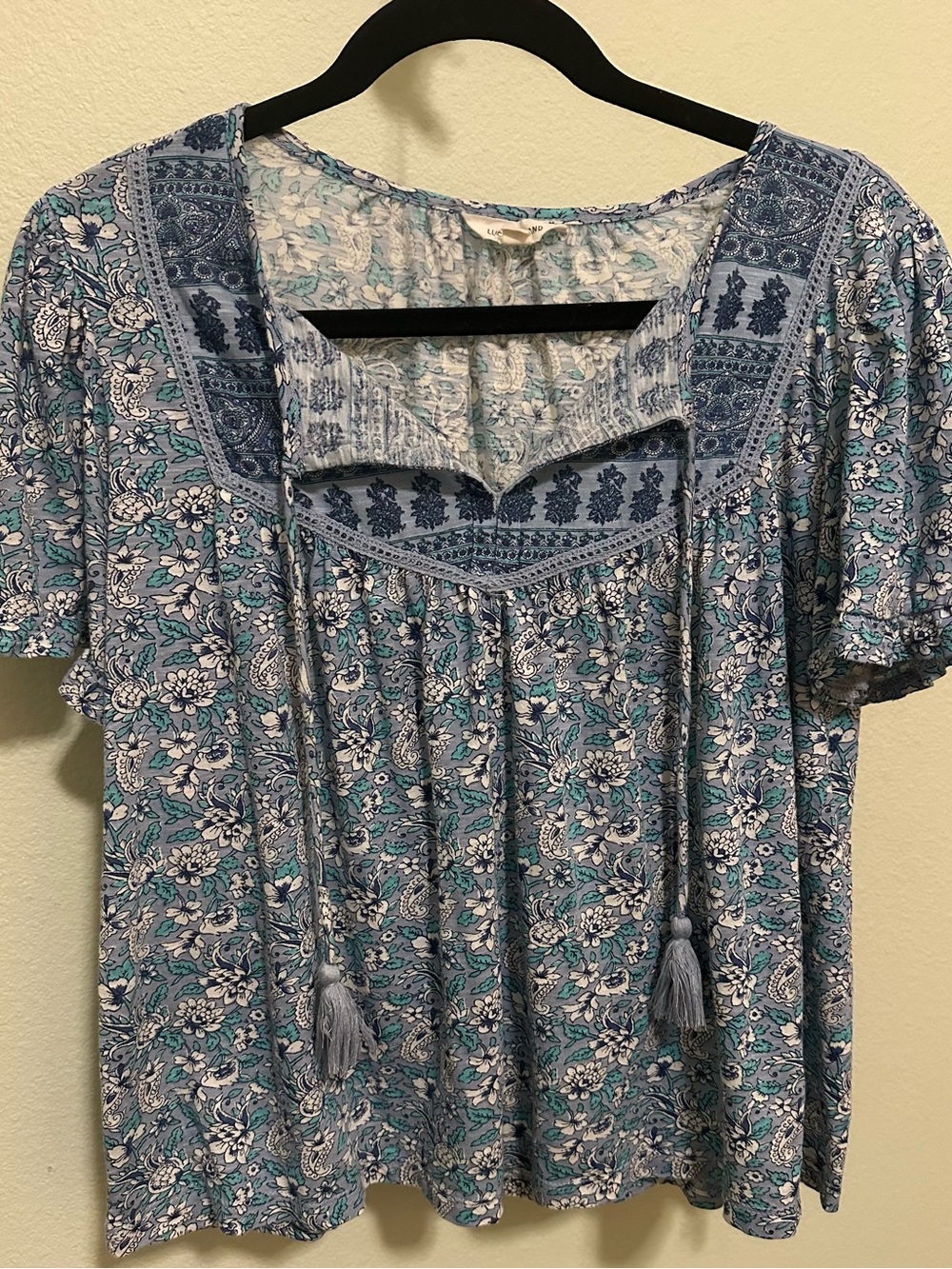 Lucky Brand Blue Floral Peasant Tunic with Tassel Details